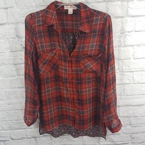Band of Gypsies Semi-Sheer Orange Plaid Print Button Down Shirt